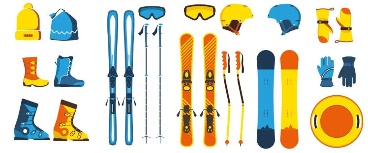 滑雪头盔,滑雪手套,滑雪鞋,护膝、护臀、护腕,滑雪板